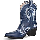 HOCHFART Western Boots for Women Metallic Embroidered Pointed Toe Cowgirl Boots Chunky Heel Pull-On Short Cowboy Boots Wide Calf Country Ankle Boots