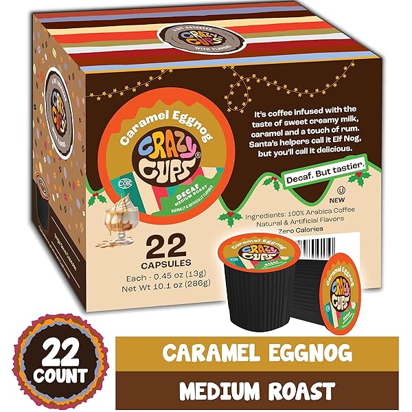 CRAZY CUPS DECAF FLAVORED COFFEE PODS, DECAF EGGNOG COFFEE, HOLIDAY BLEND COFFEE, SINGLE SERVE COFFEE FOR KEURIG K CUPS MACHINES, HOT OR ICED COFFEE, MEDIUM ROAST COFFEE, 22 COUNT