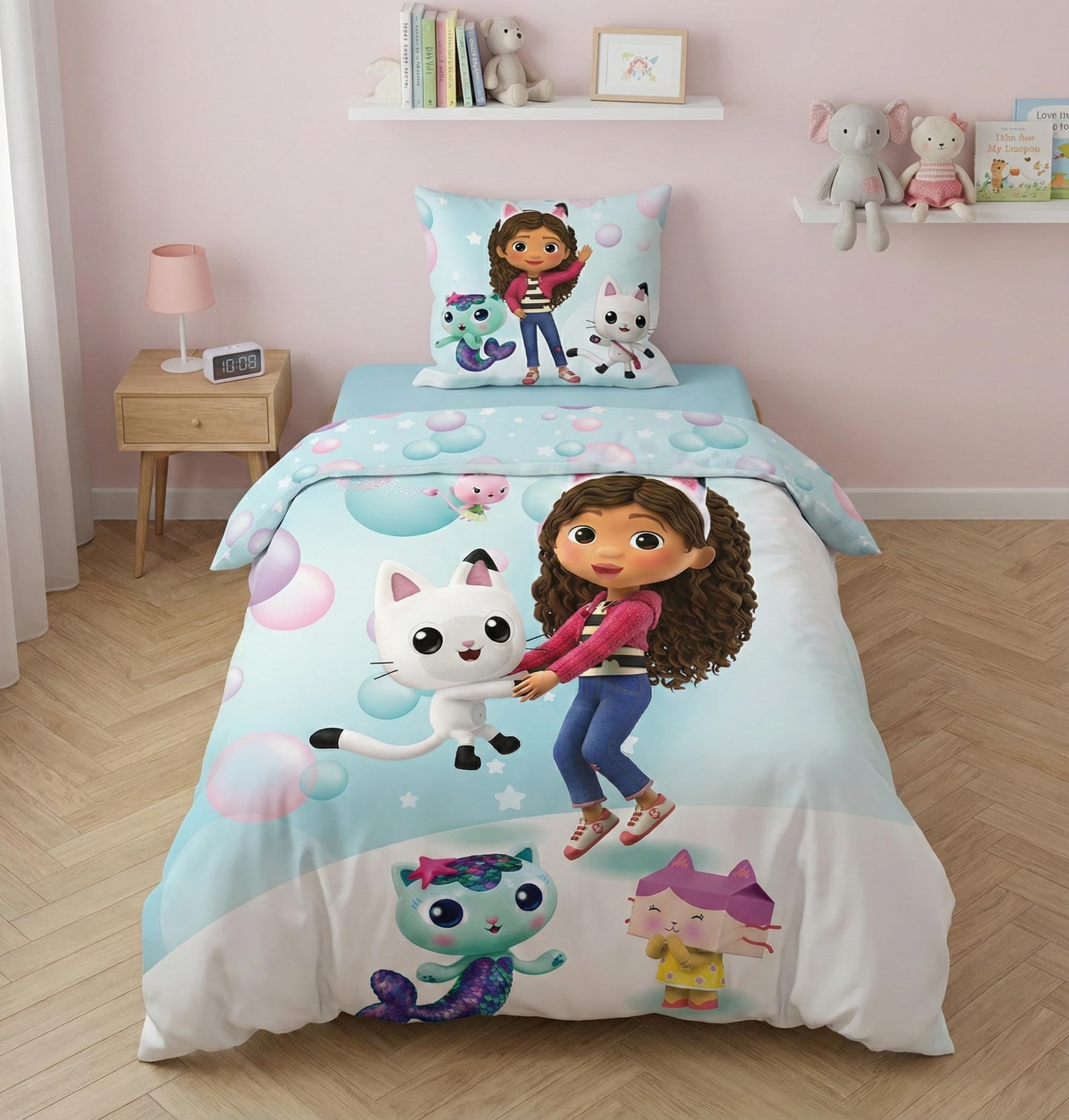 Jerry Fabrics Gabby et la Maison Magique Bedding Set, Reversible Duvet Cover 140 x 200 cm + Pillowcase 65 x 65 cm, with Pandy Paws, Baby Box, Navy and Fairy Minette