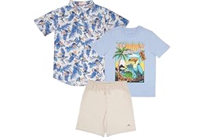 Tommy Bahama Boys Hawaiian Button Down Short-Sleeved Shirt, Graphic T-Shirt & Shorts Set, 3-Piece Summer Outfit for Kids
