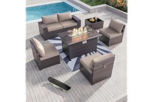 Kullavik 7 Pieces Outdoor Patio Furniture Set with 43" 55000BTU Gas Propane Fire Pit Table PE Wicker Rattan Sectional Sofa Patio Conversation Sets,Khaki