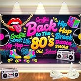 Back to The 80's Backdrop 6x4FT with 19.69FT Ribbon | Retro 80s Theme Banner with Grommets & Double-Stitched for Party Decorations, Hip Hop Photo Booth & Photography Background