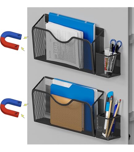 KZWKRG 5 Tier Magnetic File Holder, Magnetic File Organizer, Hanging Mail Organizer Folder Holder With R-shaped Bottom Tray, Magnetic Paper Document Magazine Rack With 4 Pen Holder For Office Home