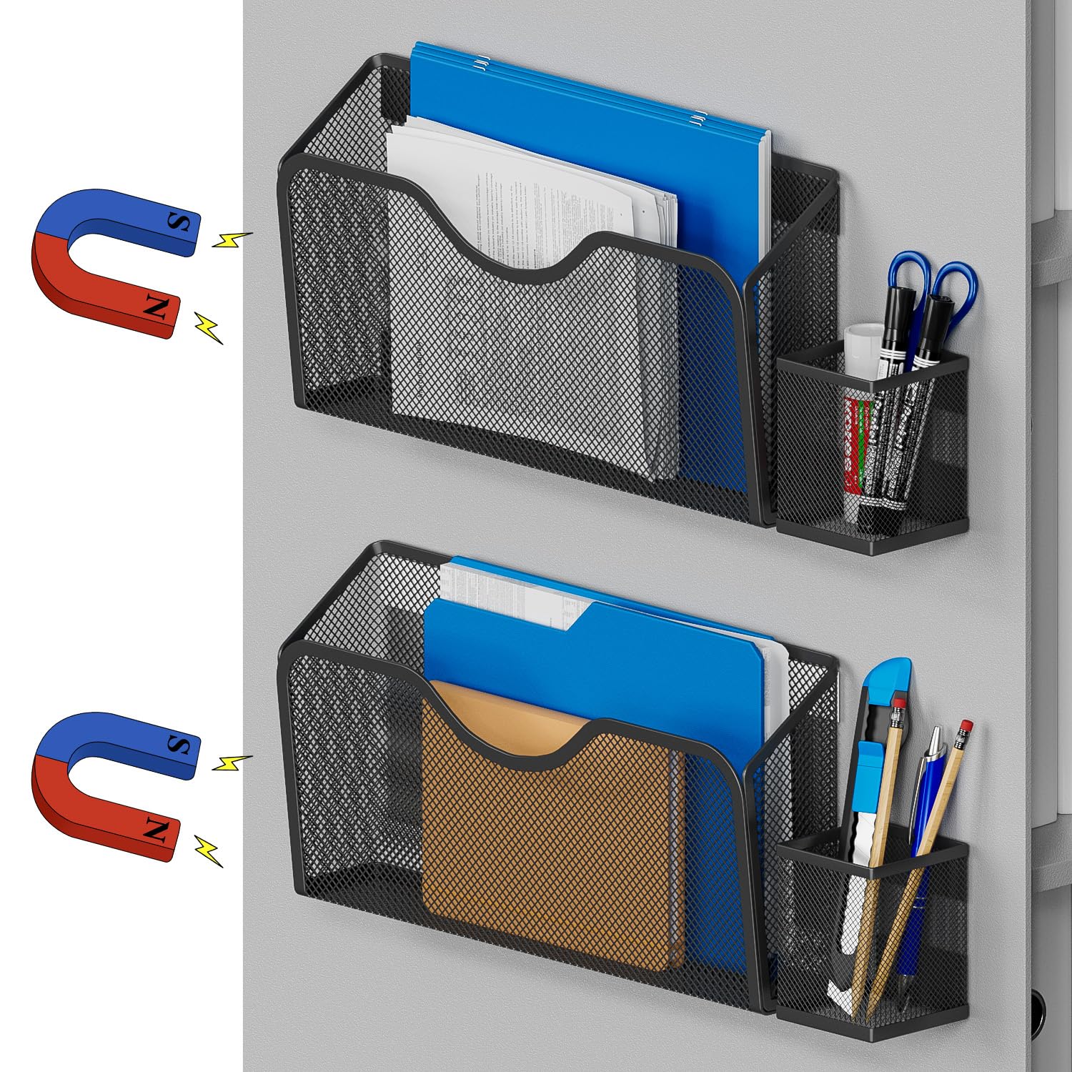 JANE EYRE Magnetic File Holder - 2pcs Hanging File Organizer Magazine Document Paper Holders with 2pcs Pen Holders for Classroom Cabinets Office,No Drilling(BLACK)