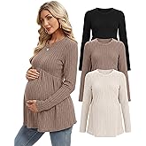 Cutecrop 3 Pack Women's Maternity Shirts Ribbed Long Sleeve Pregnancy Tops Crew Neck Maternity Sweaters Pregnant Clothes