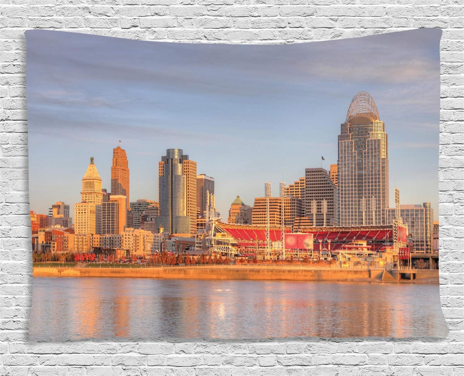 Amazon Com Ambesonne Cincinnati Tapestry Alleyway Landline Buildings Near The Stadium Waterfront Orange Grey Hues City Wall Hanging For Bedroom Living Room Dorm 60 W X 40 L Inches Multicolor Home Kitchen