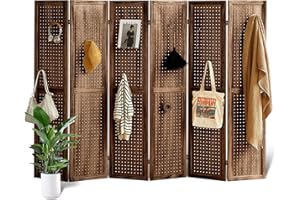 Asnefeli 6 Panel Pegboard Display with 24 Hooks, Wood Room Divider Wall, 5.6Ft Folding Privacy Screen Divider Room, Portable Freestanding Wall Organizer for Bedroom Reading Room(Dark Brown)