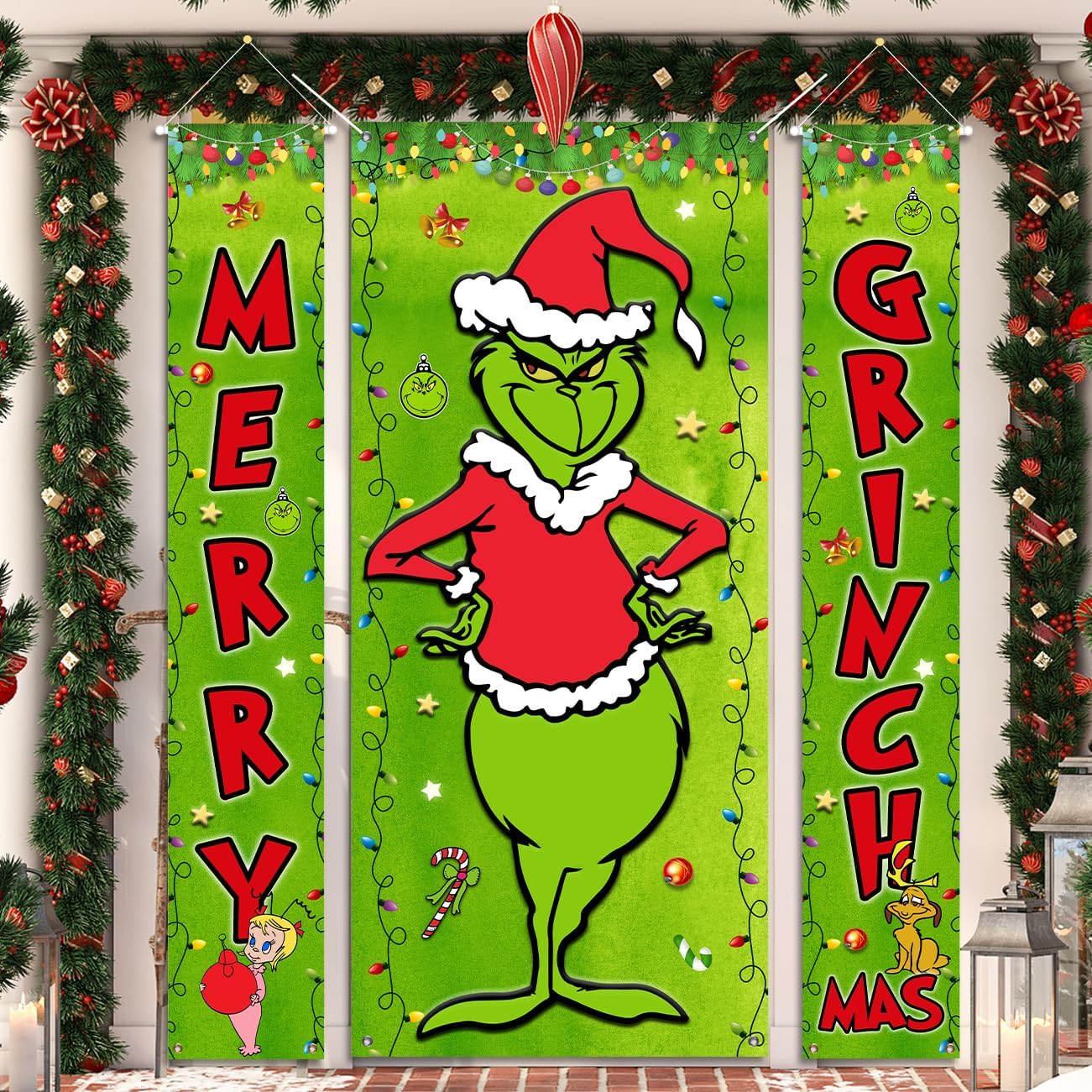 Yard Signs - 3PCS Grinch Christmas Decorations Whoville Christmas Door Banner Hanging Porch Sign Set for Front Door Yard Garage Outdoor Xmas Grinch Cindy Lou Max Decor