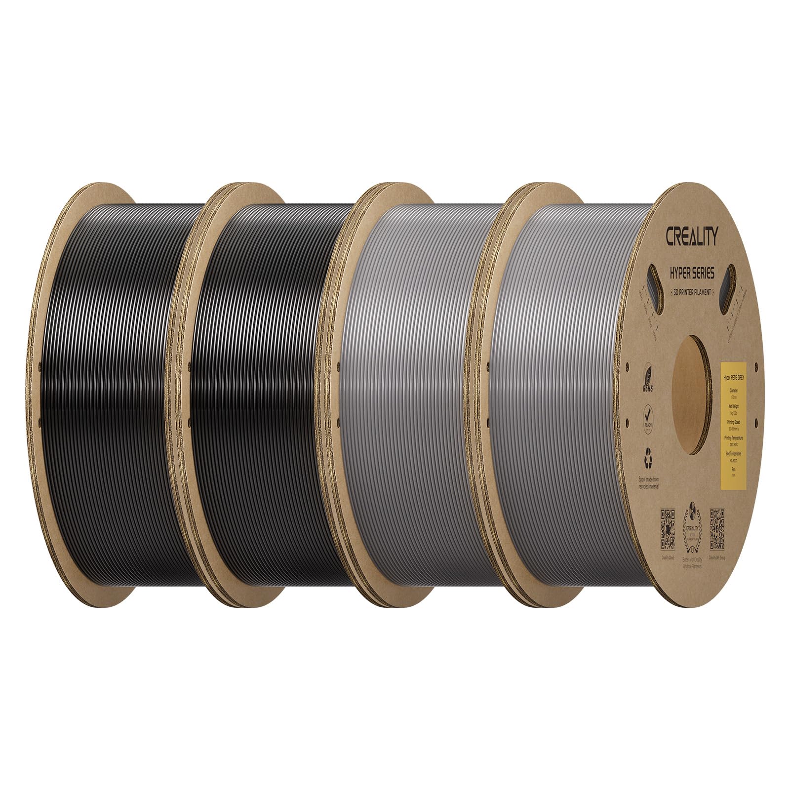 Creality Hyper PETG Filament Bundle 1.75mm 4KG for K1 Max/Ender 3 V3 SE/KE, 3D Printer Filament PLA Designed for High Speed 30-600mm/s, Dimensional Accuracy +/- 0.03 mm (Black&Grey 4-Pack) Image