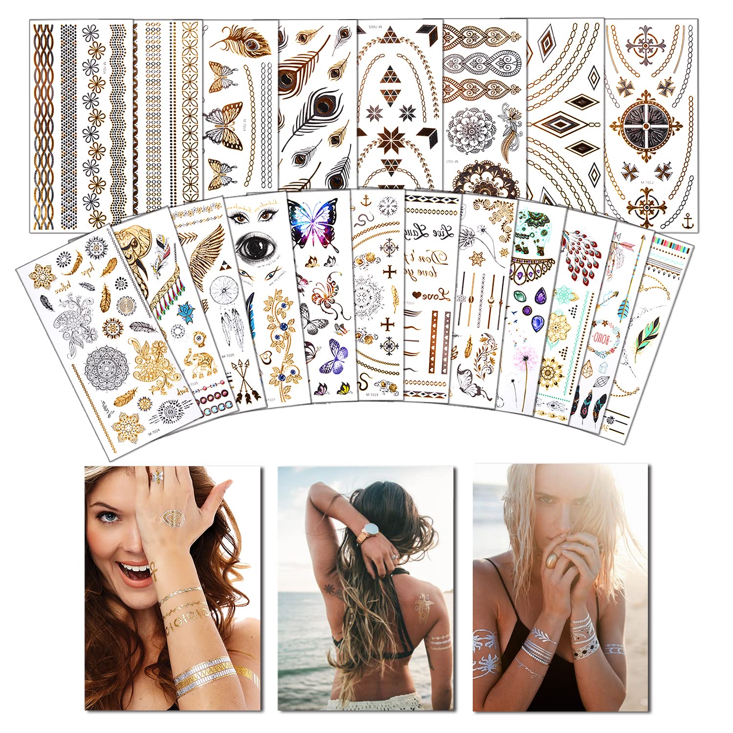 AniSqui Temporary Tattoos for Women (20 Sheets Waterproof Festival Tattoos Gold, 400+ Designs) Fake Stickers for Girls, Women Festival