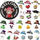 35 Pcs Holiday Interchangeable Highland Cow Welcome Sign Highland Cow Seasonal Wooden Hanging Door Decor Valentines Farmhouse Hanging Sign for Front Door Winter Party Decoration Gift