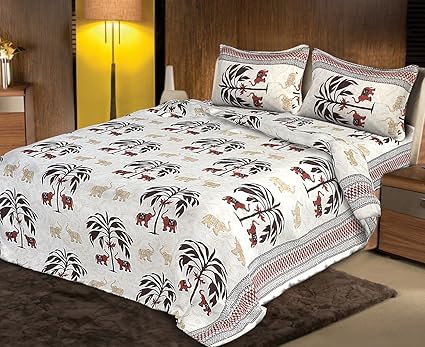 Fecom King Size Rajasthani Jaipuri Traditional Sanganeri Design 100% Cotton Double bedsheet, Bedspread, Bed Cover with Pillow Covers 100X100 (White Brown)
