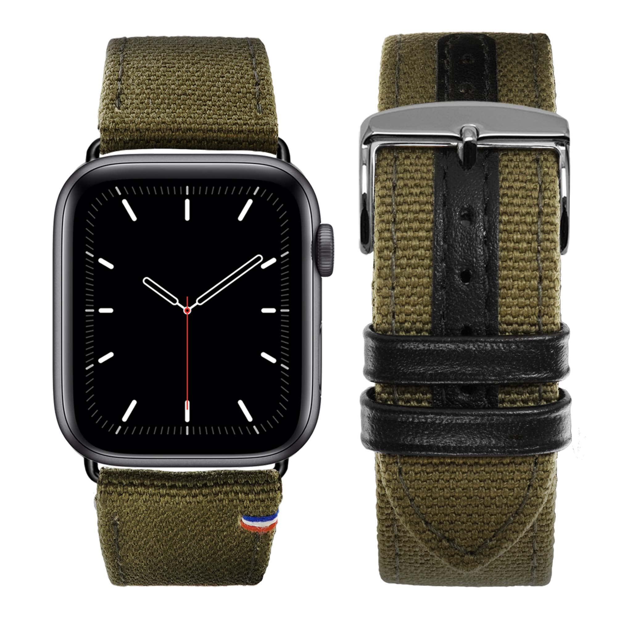 Eternel - New Rover Khaki Compatible Apple Watch Band 42/44/45/49 mm - Aluminum Space Grey/Midnight Adapters - Fabric made in France - Compatible with all Apple Watch sizes
