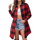 Bozanly Women's Oversized Button Down Long Plaid Flannel Shirts Lapel Long Sleeve Check Jacket Shacket