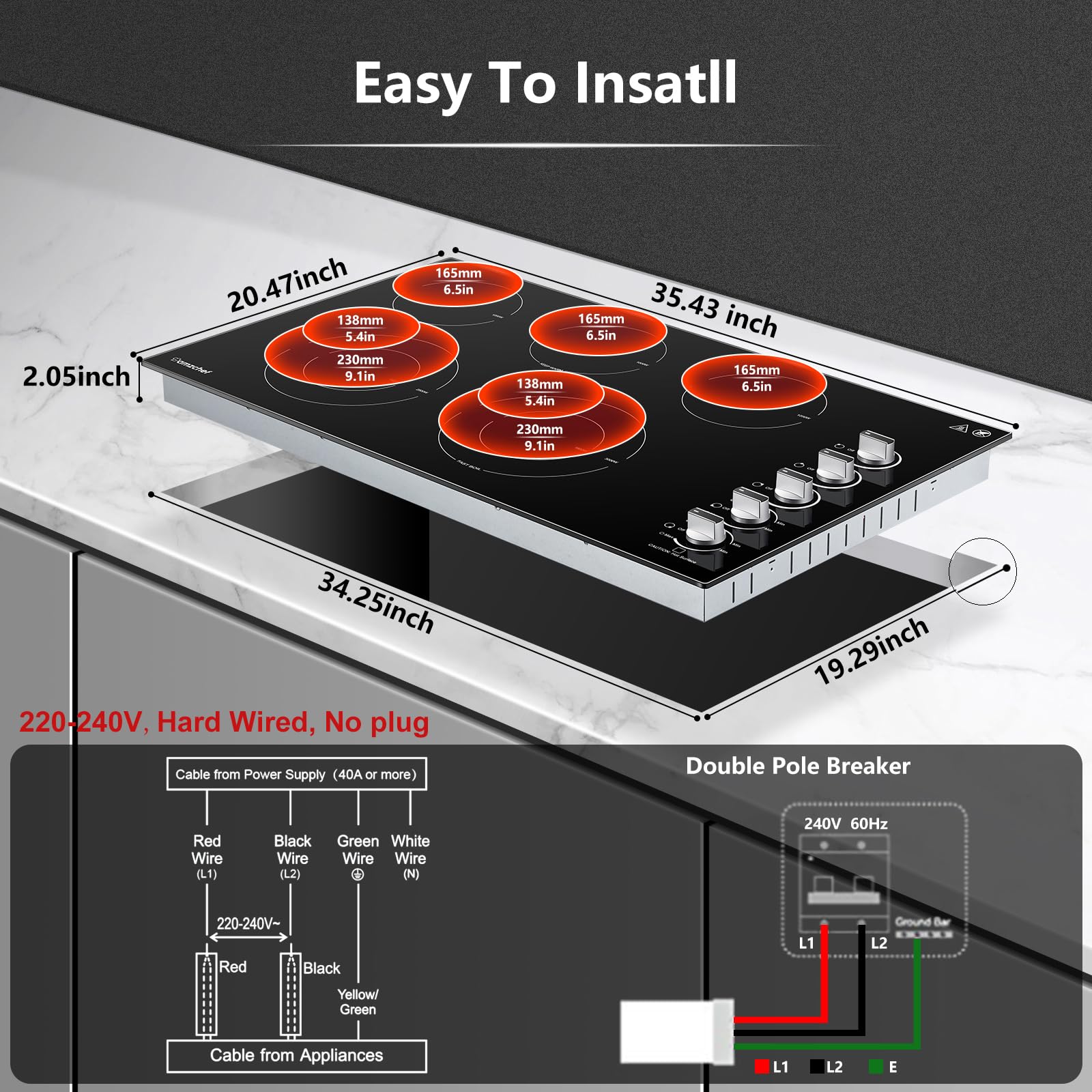 36" 5-Burner Built-In Induction Cooktop - 9200W, Touch Control, Black Glass (220-240V) 3 thumbnail image