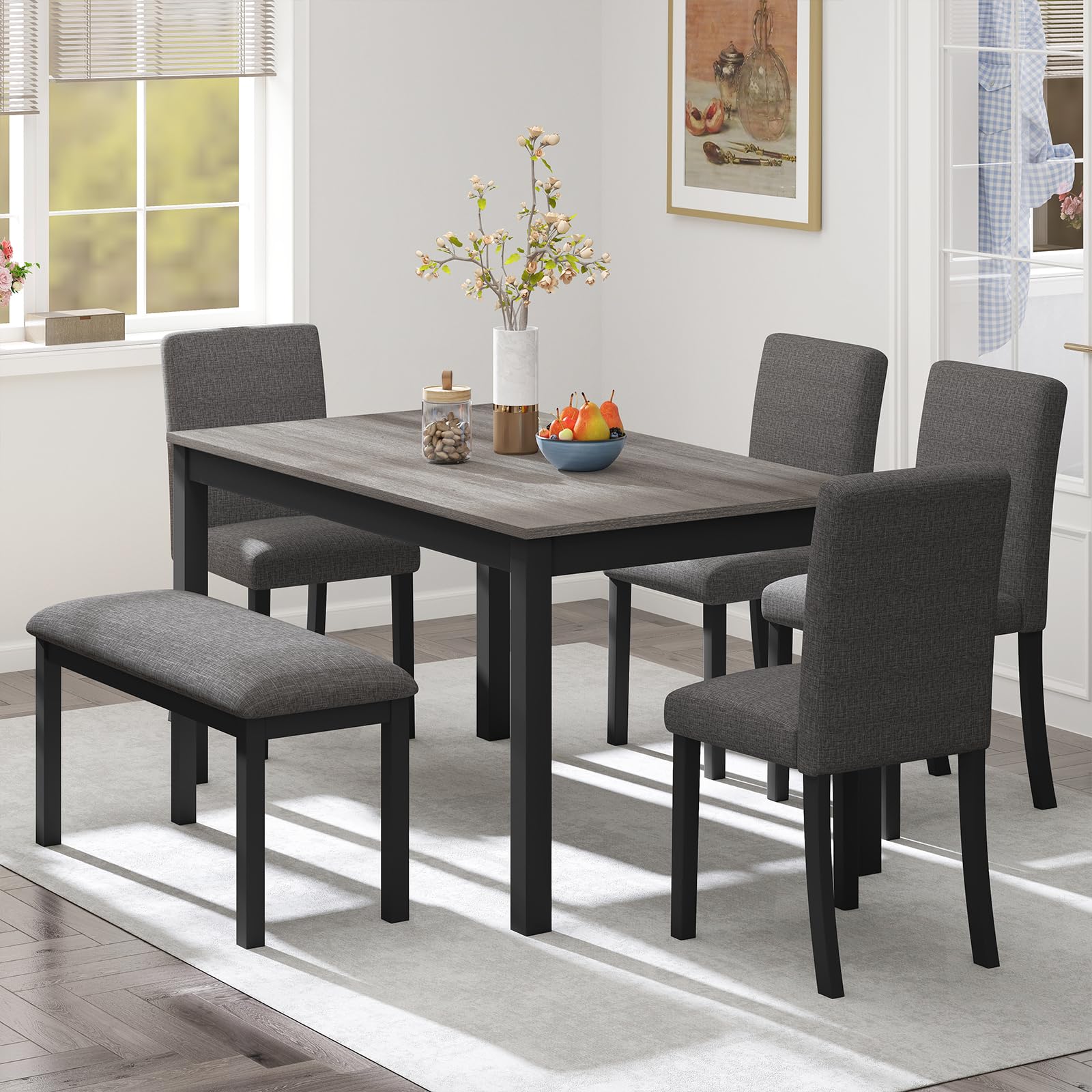 Photo 1 of ****2 CHAIRS ONLY**** Zevemomo 6-Piece Solid Wood Dining Table Set, Including 1 Dining Table, 4 Upholstered Chairs and 1 Bench, Wooden Legs Dining Table Set for Dining Room, Kitchen, Restaurant, Dark Grey