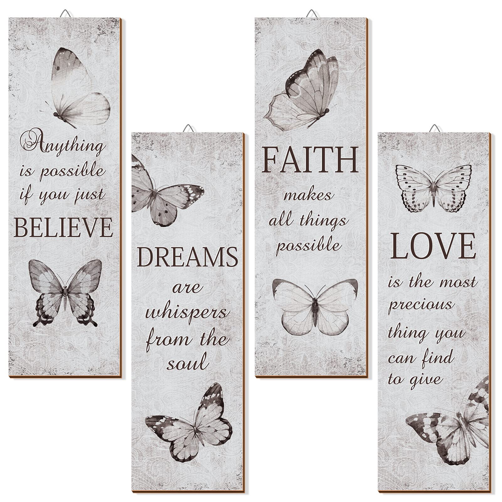 Photo 1 of 4 Pcs Butterfly Wall Decor Wooden Inspirational Wall Decor Love Faith Believe Dream Butterfly Wall Art Butterfly Rustic Encouragement Wall Decor for Home Bathroom Bedroom Wall Decor, 3.5 x 11.4 Inch