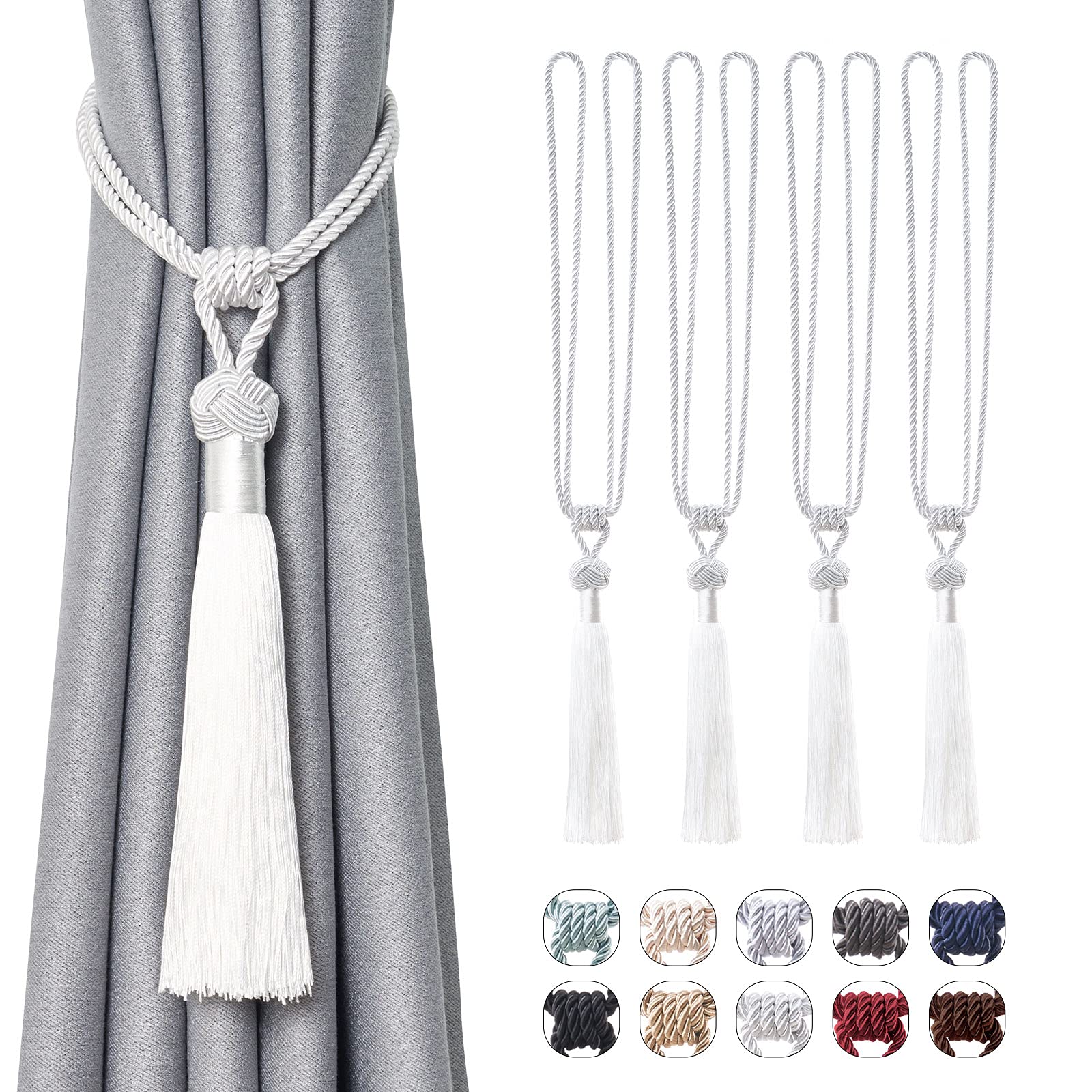 Pretty Jolly 4 Pack Long Tassel Curtain Tiebacks Handmade Braided Rope Knot Drape Tie Backs European Style Decorative Curtain Holdbacks for Home & Office Window Drapery (Silver White)
