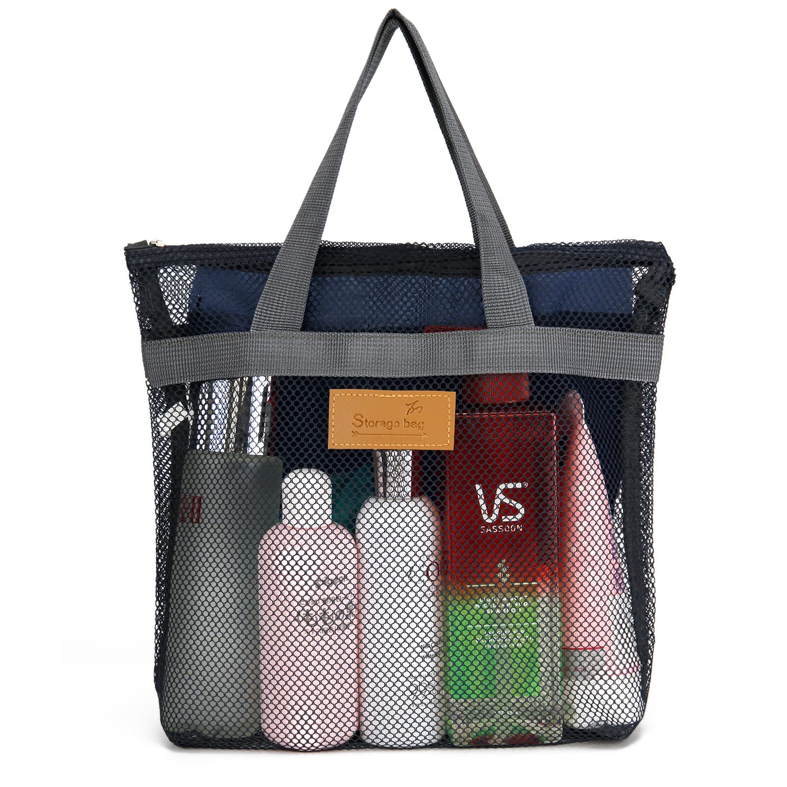 Photo 1 of TOPASION Mesh Shower Caddy Bag Portable Hanging Toiletry and Bath Organizer with Zipper for Travel, Swimming, Gym, Camping, College Dorms, Beach (Navy Blue)
