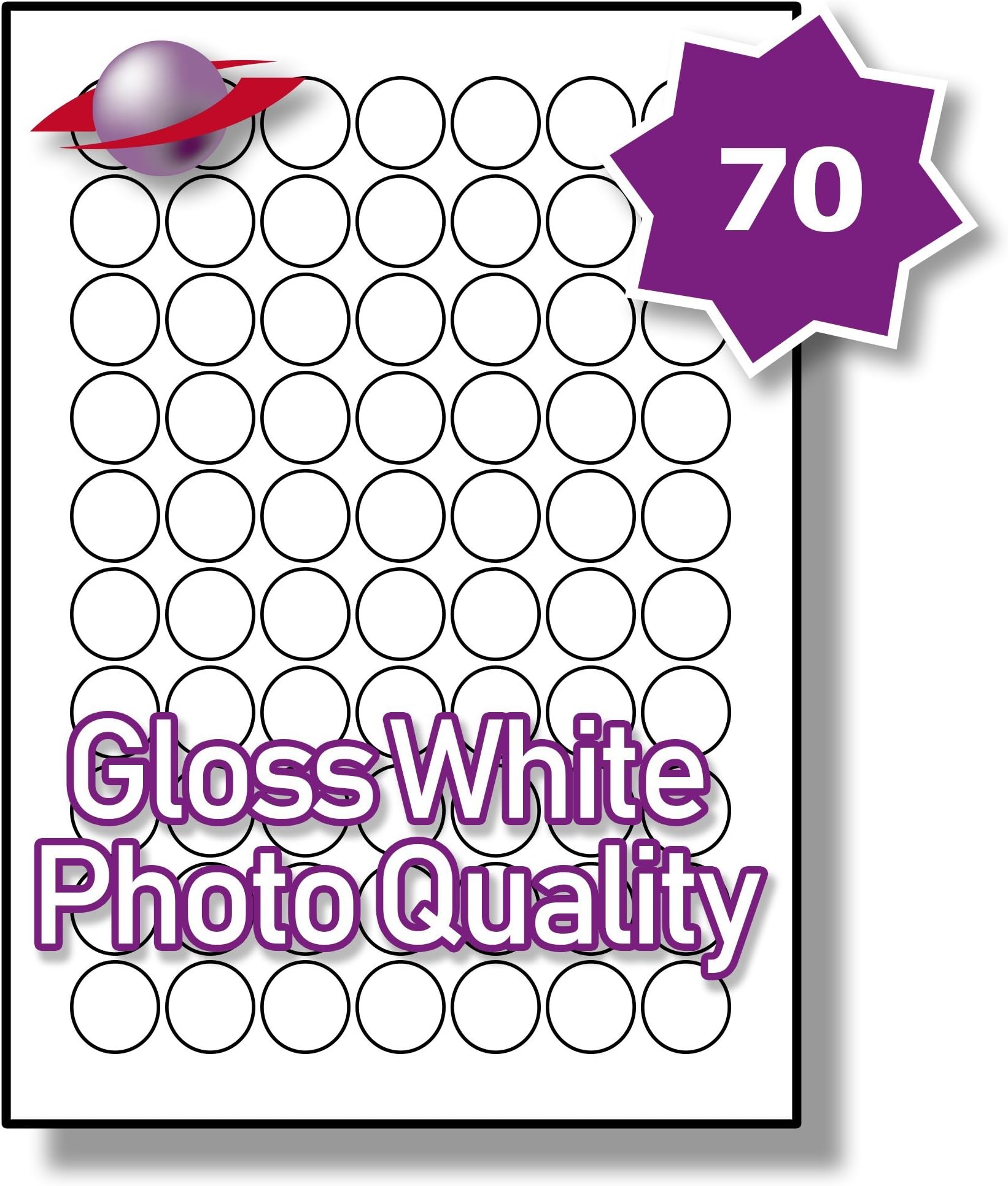 Label Planet® 70 Per Page/Sheet 25 Sheets (1750 Sticky MINI ROUND PHOTO GLOSS Labels) White Glossy Blank Plain A4 Permanent Stickers With Laser/INKJET Printers, UK LP70/25R GWPQ, 25MM Diameter Circles