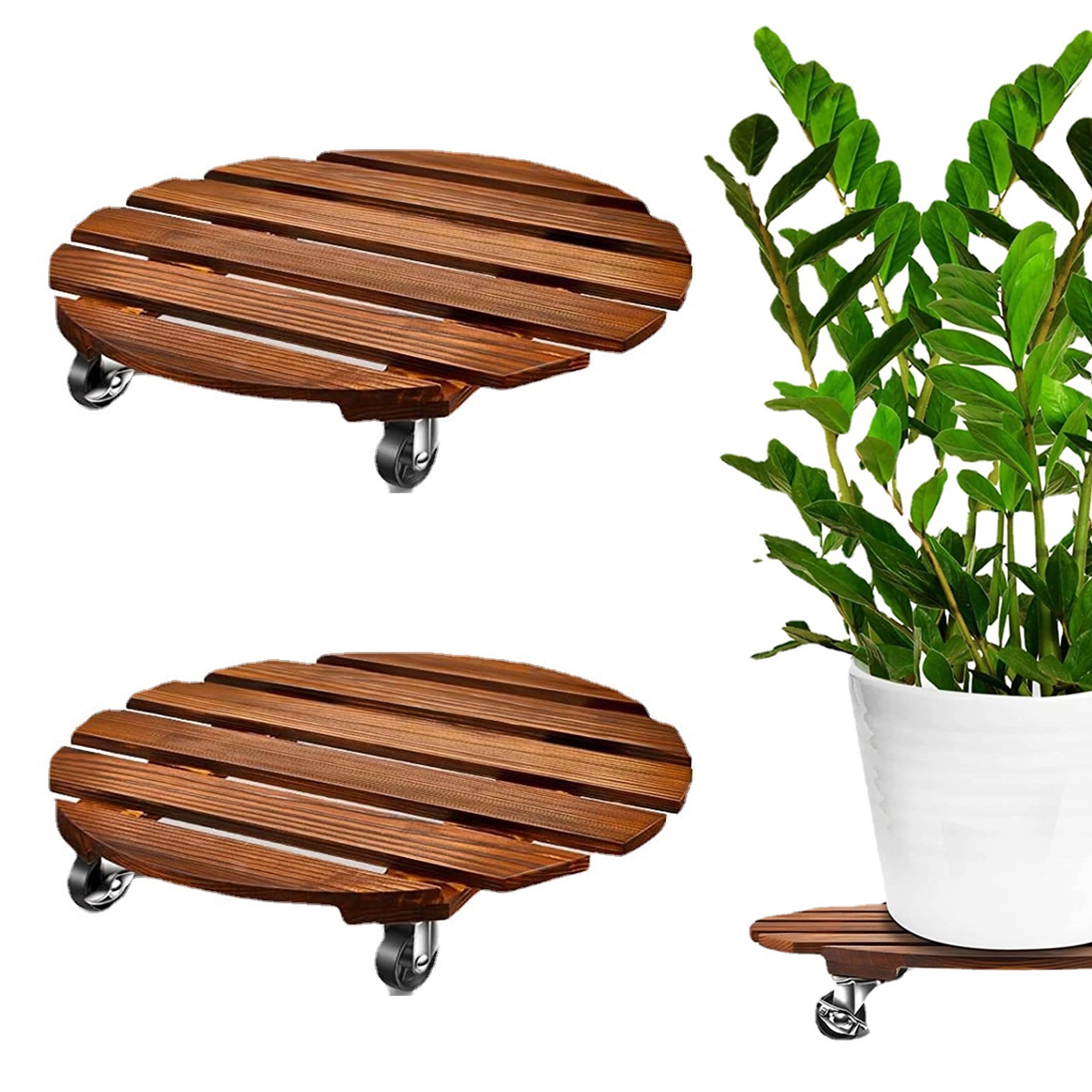 Puedno 2 Pack Plant Caddy Wood Plant Stands 30CM/12 Inch with 4 Wheels, Round Rolling Plant Stand with Metal Lockable Caster Wheels, Heavy Duty Wooden Plant Pot Trolley