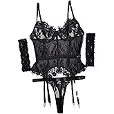 SOLY HUX Women's Lace Mesh Lingerie Push Up Corset and Panty Outfit Babydoll with Garter Belt
