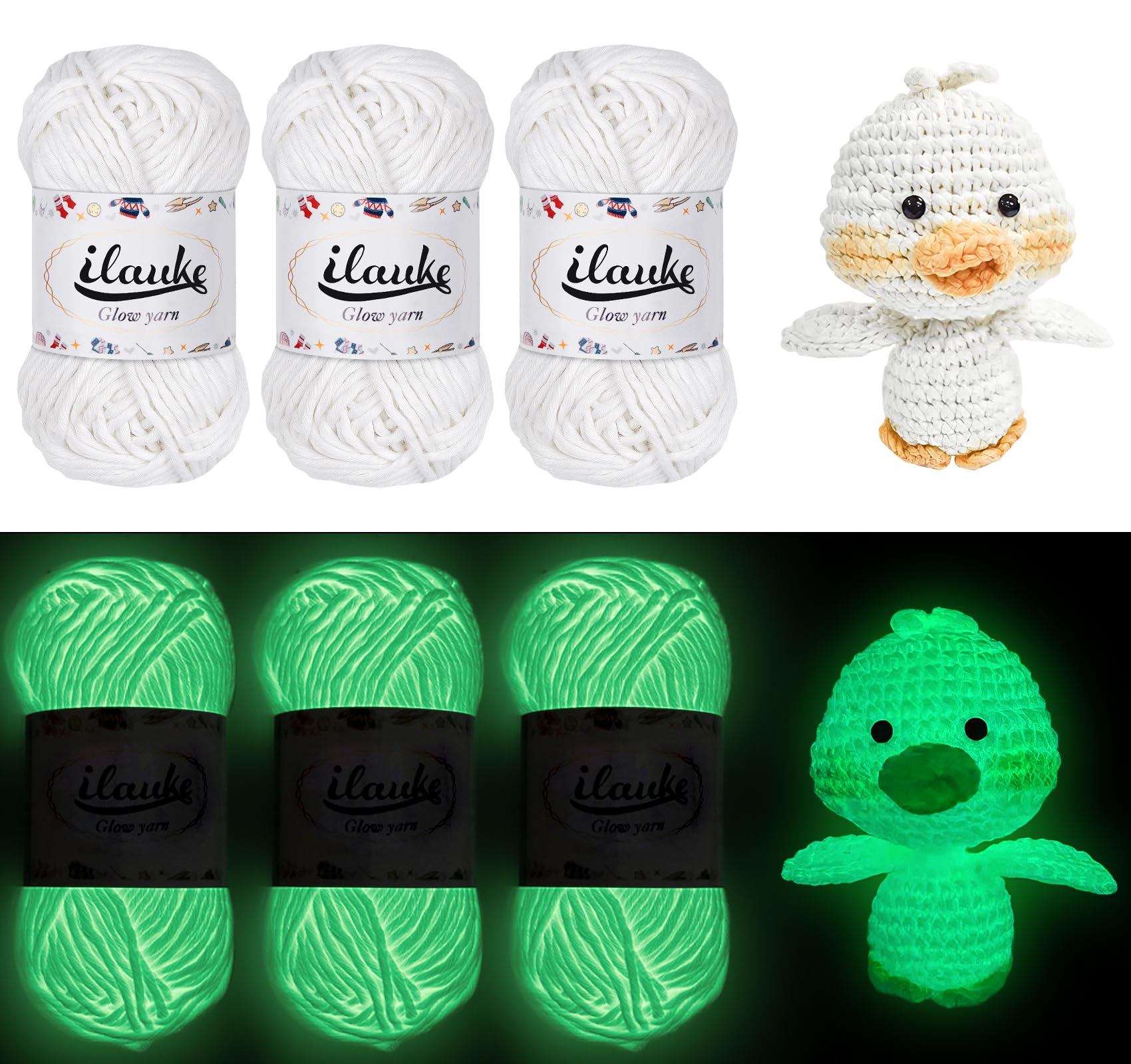 ilauke Luminous Glow in The Dark Yarn 3x50g, Polyester Knitting for Crocheting, Halloween Christmas Handcraft DIY Projects Blankets Clothes, White