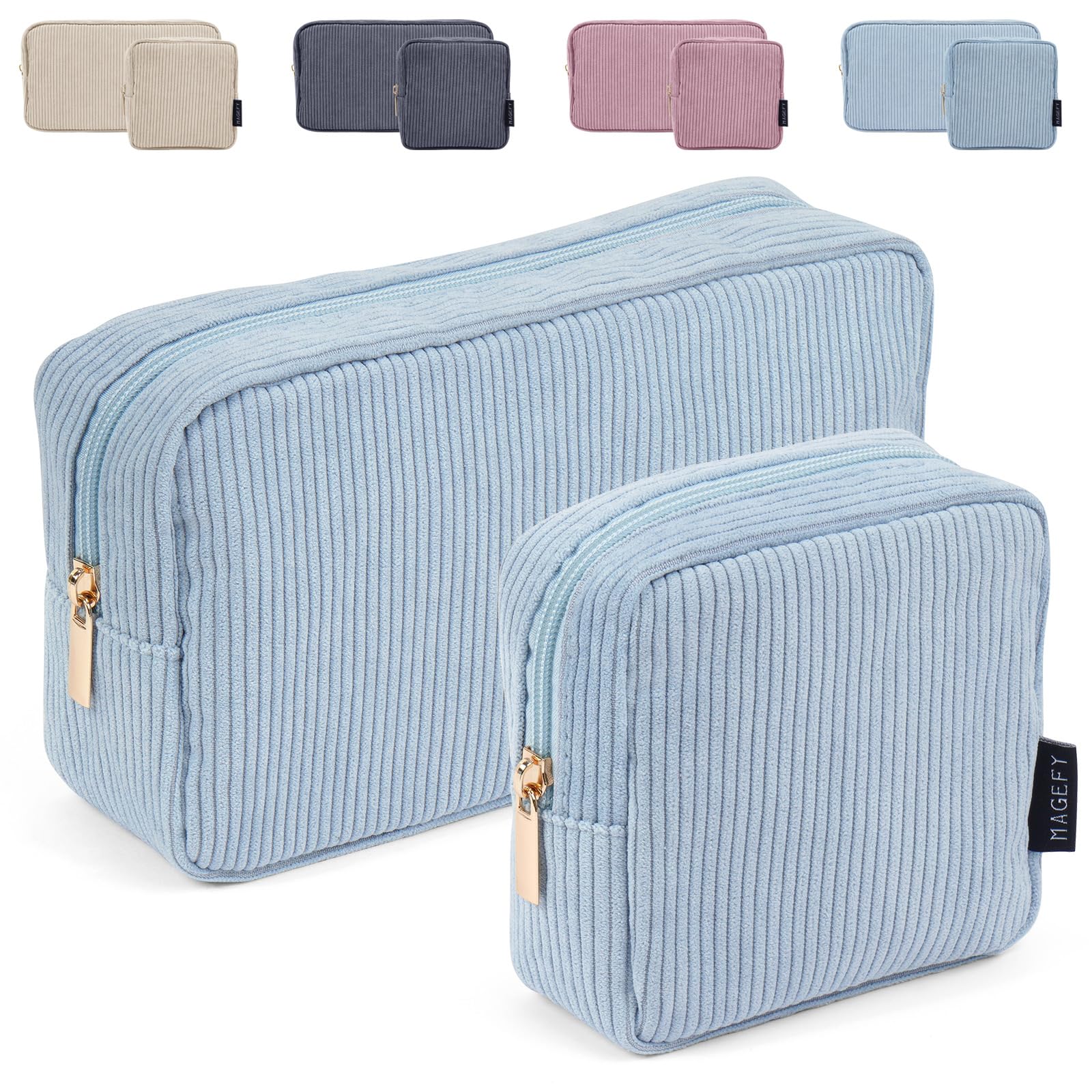 Makeup Bag, MAGEFY 2 Pcs Small Makeup Bag for Handbag Corduroy Cosmetic Bag Purse with Compartments for Women (Blue) — image 1