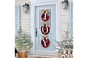 ORIENTAL CHERRY Christmas Decorations - Joy Sign - Buffalo Check Plaid Wreath for Front Door - Rustic Burlap Wooden Holiday Decor for Home Window Wall Farmhouse Indoor Outdoor