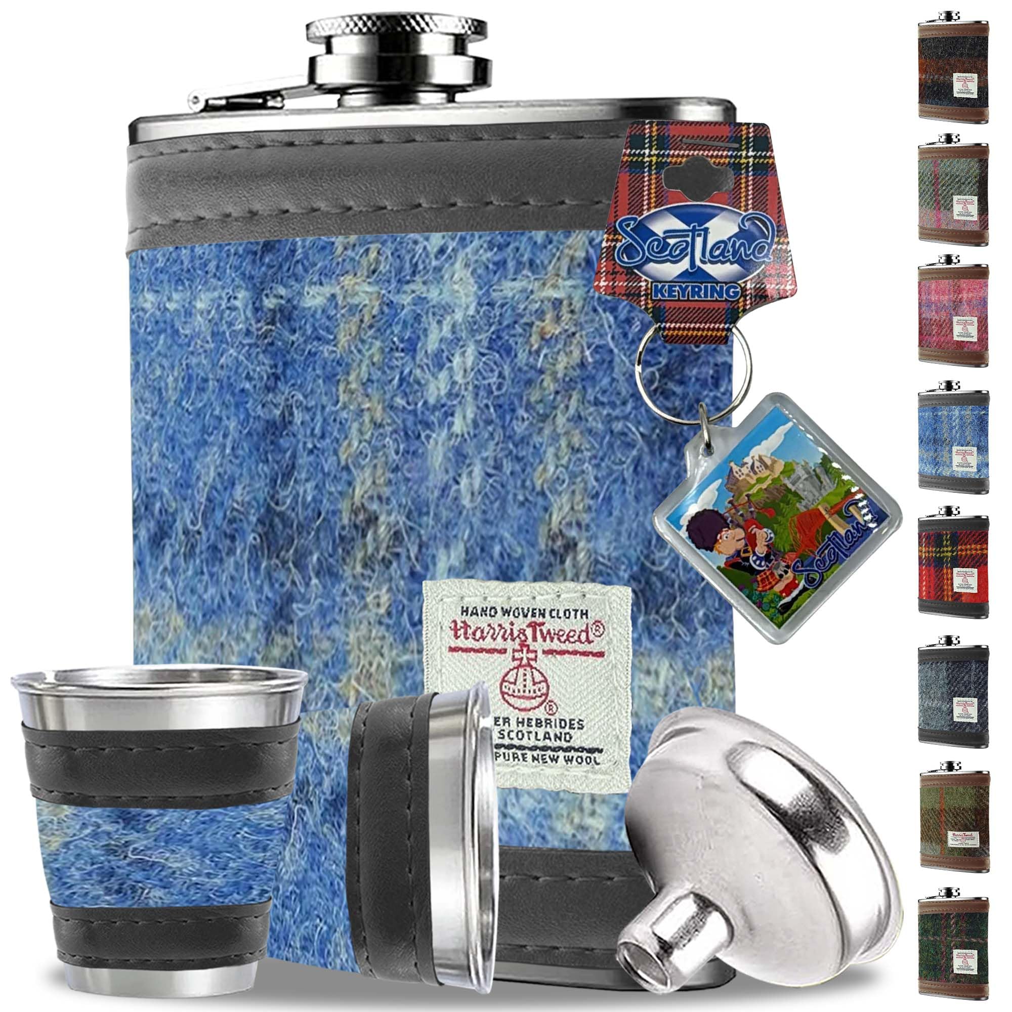 6oz Harris Tweed Hip Flask Winter Gift Set - Shot Glasses, Pour Funnel, Keyring – Stainless Steel Tartan Liquor flasks for Men - Leak Proof lid (Light Blue Check)