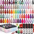 Lavender Violets 49 PCS Gel Nail Polish Set, 45 Colors Cat Eye Reflective Glitter Gel Polish with Base Coat Glossy and Matte Gel Top Coat Jelly Nude Red Brown Polish Gifts for Women