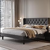 SHA CERLIN King Size Upholstered Platform Bed Frame and Wingback Headboard, Tufted Linen Fabric, Wooden Slats Support, Easy Assembly, No Box Spring Needed, Dark Grey