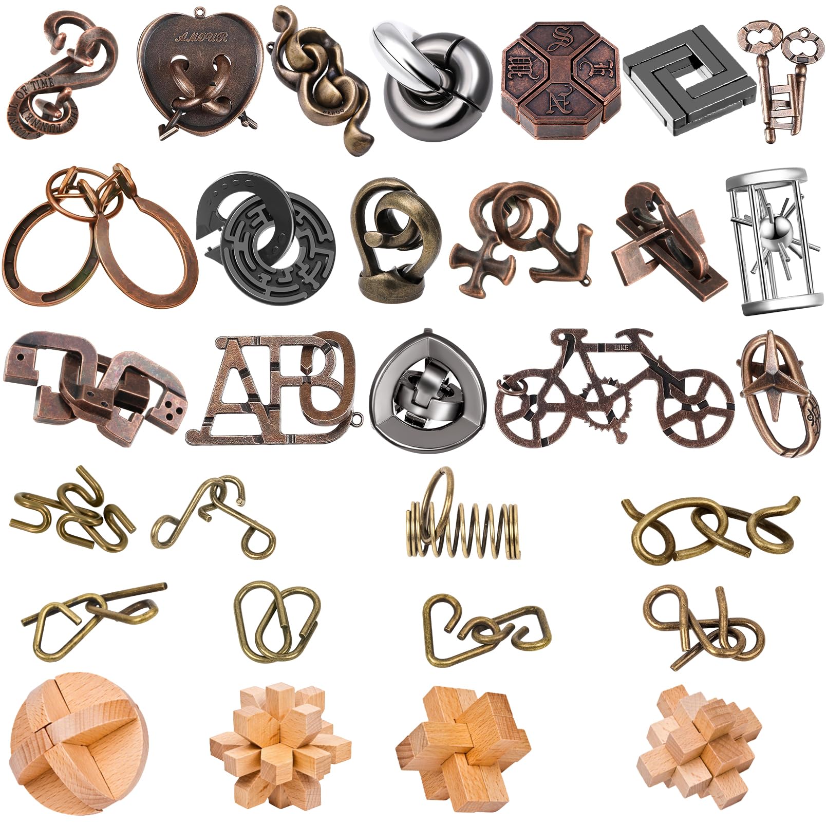Photo 1 of 30 PCS Metal Brain Teaser Puzzles Ring Educational Toys – Logic & Mind Puzzles for Adults & Kids, Fun Christmas Stocking Stuffers (30PCS Metal+Wood Puzzles)