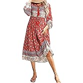 Umimore Women's Summer Floral Printed Casual Midi Dress 2025 Bohemian Cotton Tie Neck Long Sleeve Flowy Vacation Dresses
