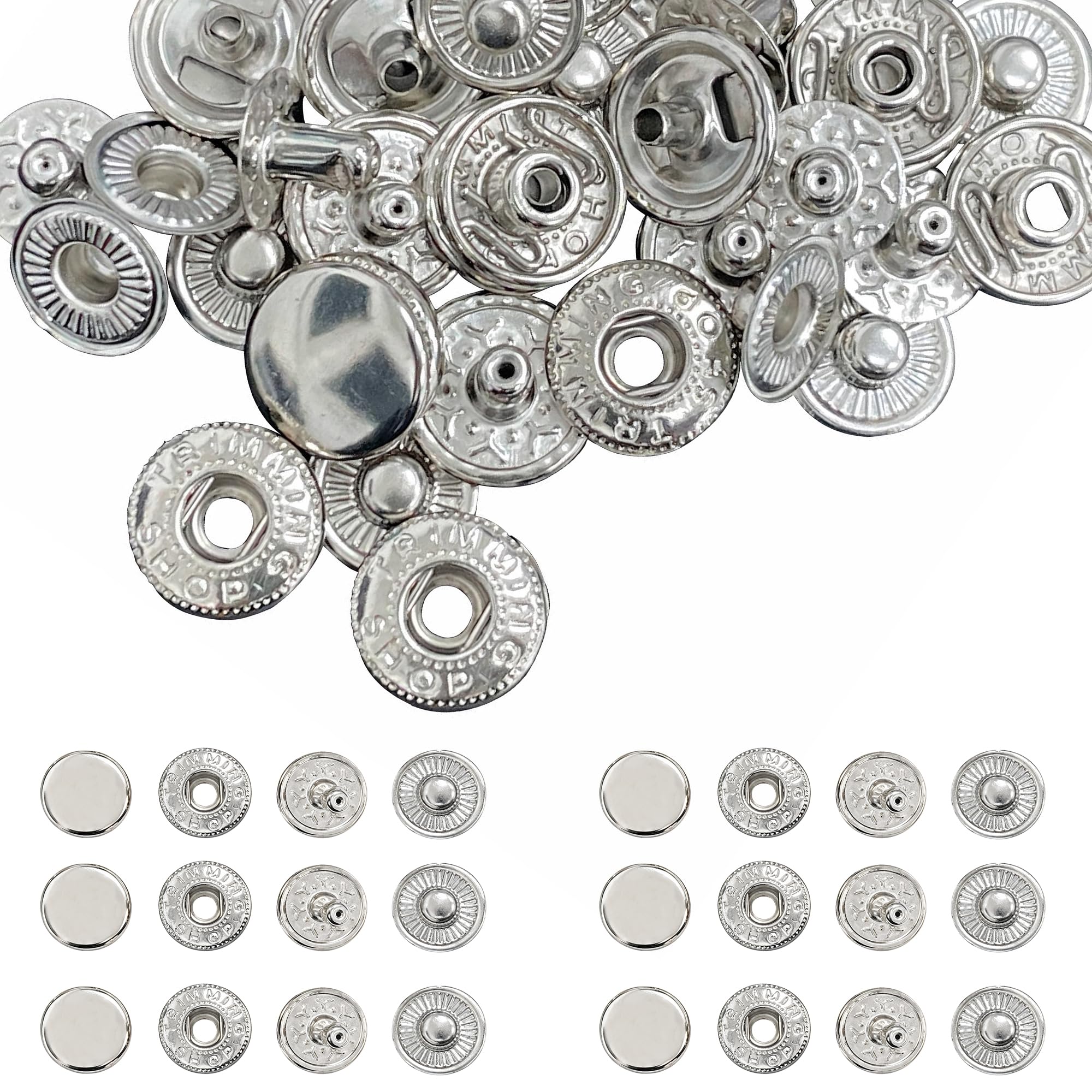 Trimming Shop 12mm S Spring Press Studs 4 Part, Durable and Lightweight, Metal Snap Buttons Fasteners for Jackets, DIY Leathercrafts, Sewing Clothing, Purses, Silver, 50pcs