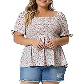 Agnes Orinda Plus Size Summer Tops for Women Square Neck Smocked Bow Tie Short Sleeve Peplum Blouse