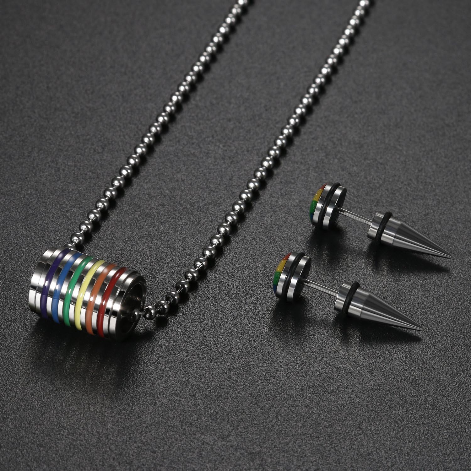 Assorted Gay LGBT Pride Rainbow Pendant Necklace,2pcs 8MM Punk Rock Rivet Earring Studs,Hypoallergenic - Image 4