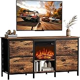 Eueiriup Fireplace TV Stand for TV Up to 55 inch, TV Stand Dresser with 4 Fabric Storage Drawers Open Shelves, Entertainment Center with Electric Fireplace for Living Room, Bedroom Rustic Brown
