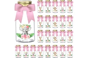 Serencatcher 24 Pack Safari Jungle Plastic Candy Bottles with Ribbons and Stickers Pink Safari Baby Shower Decorations Party Favor Jars Table Centerpieces for Jungle Animal Baby Shower Birthday Party