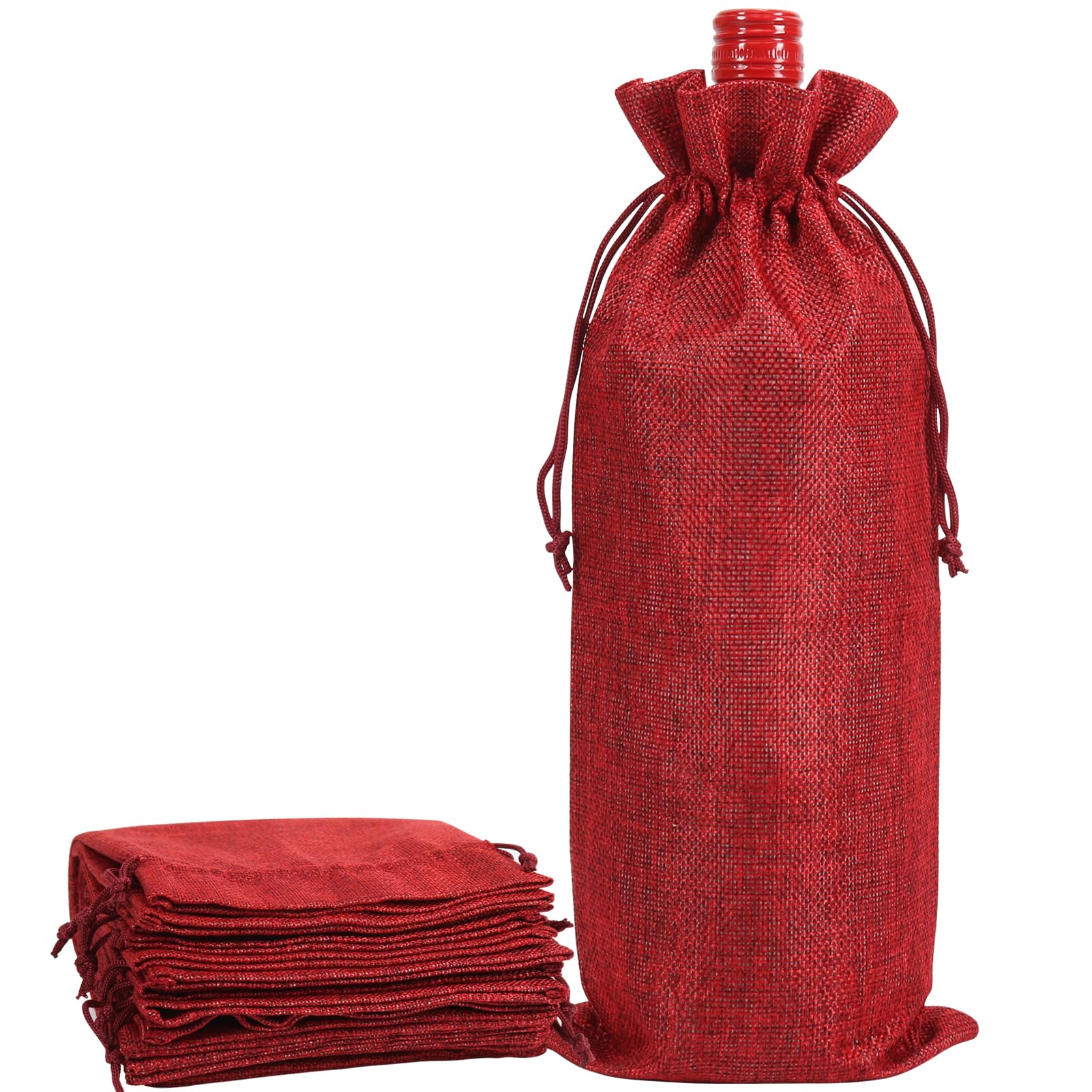 Shintop 10pcs Jute Wine Bags, 14 x 6 1/4 inches Hessian Wine Bottle Gift Bags with Drawstring (Red)