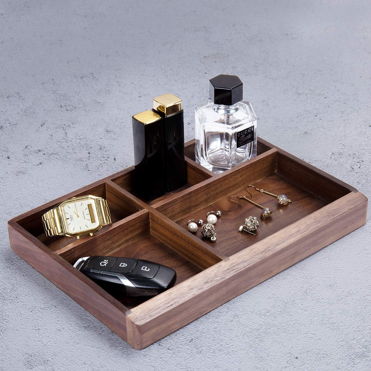 JIADEL Wooden Jewelry Trays, Desktop Jewelry Display Organizer Stackable Tray for Drawers with 5 Grids Storage Rings Earrings Bracelets Watches Necklace
