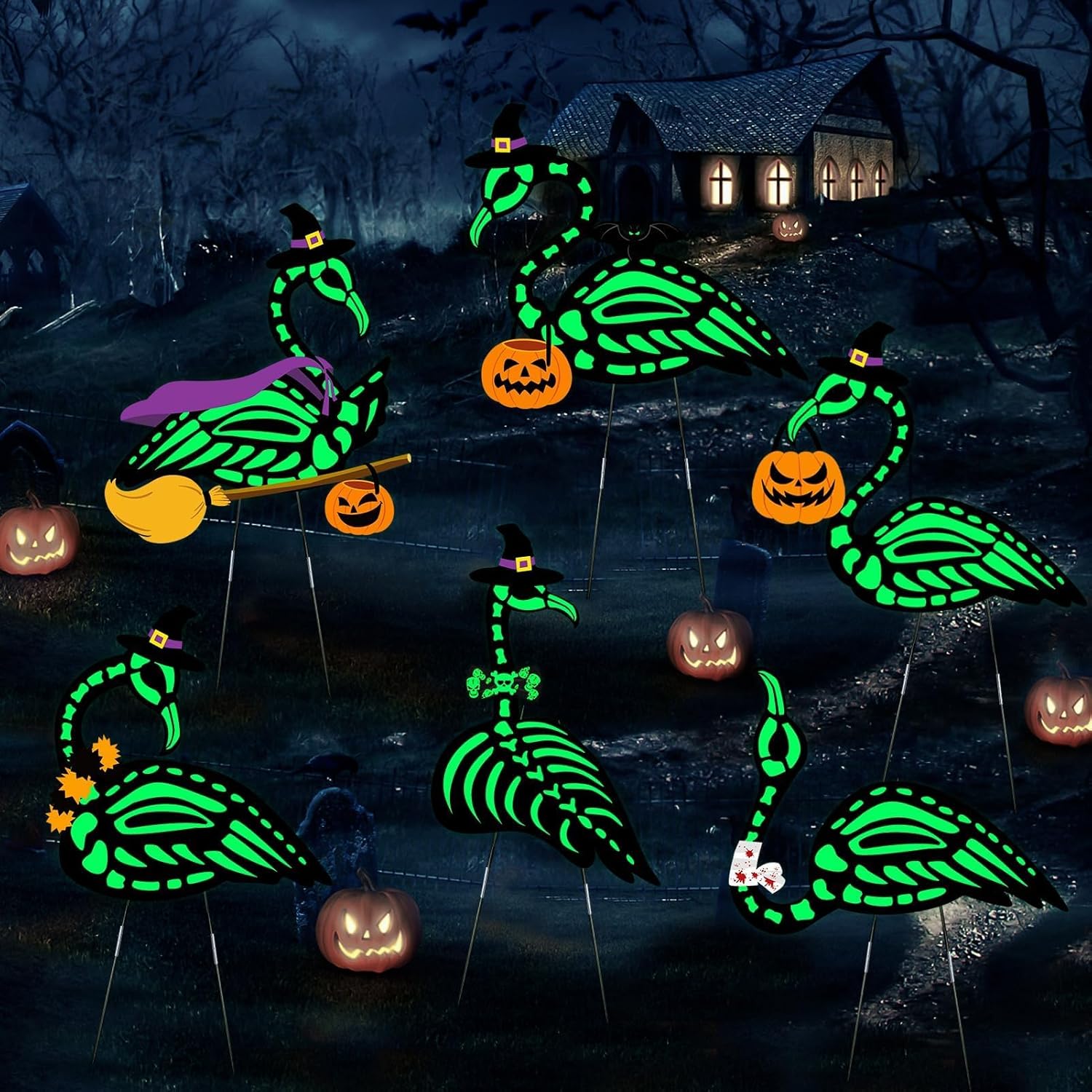 Yard Signs - Halloween Decorations Outdoor Flamingo Yard Sign with Stakes - 6pcs Halloween Skeleton Flamingo Glow in the Dark Creepy Decor Yard Signs for Halloween Outdoor Garden Lawn Party Decor Supplies