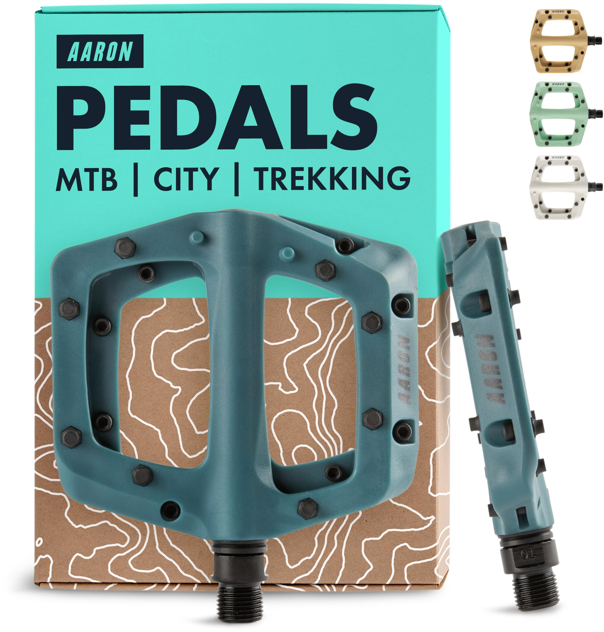 AARON - Dirt Plastic Pedals Industrial Ball Bearings - Non-Slip with Top Grip and Flat Design - Platform Pedals for Dirt Bikes, E-bikes, Mountain Bikes (MTB) & Trekking Bikes and many more - Blue