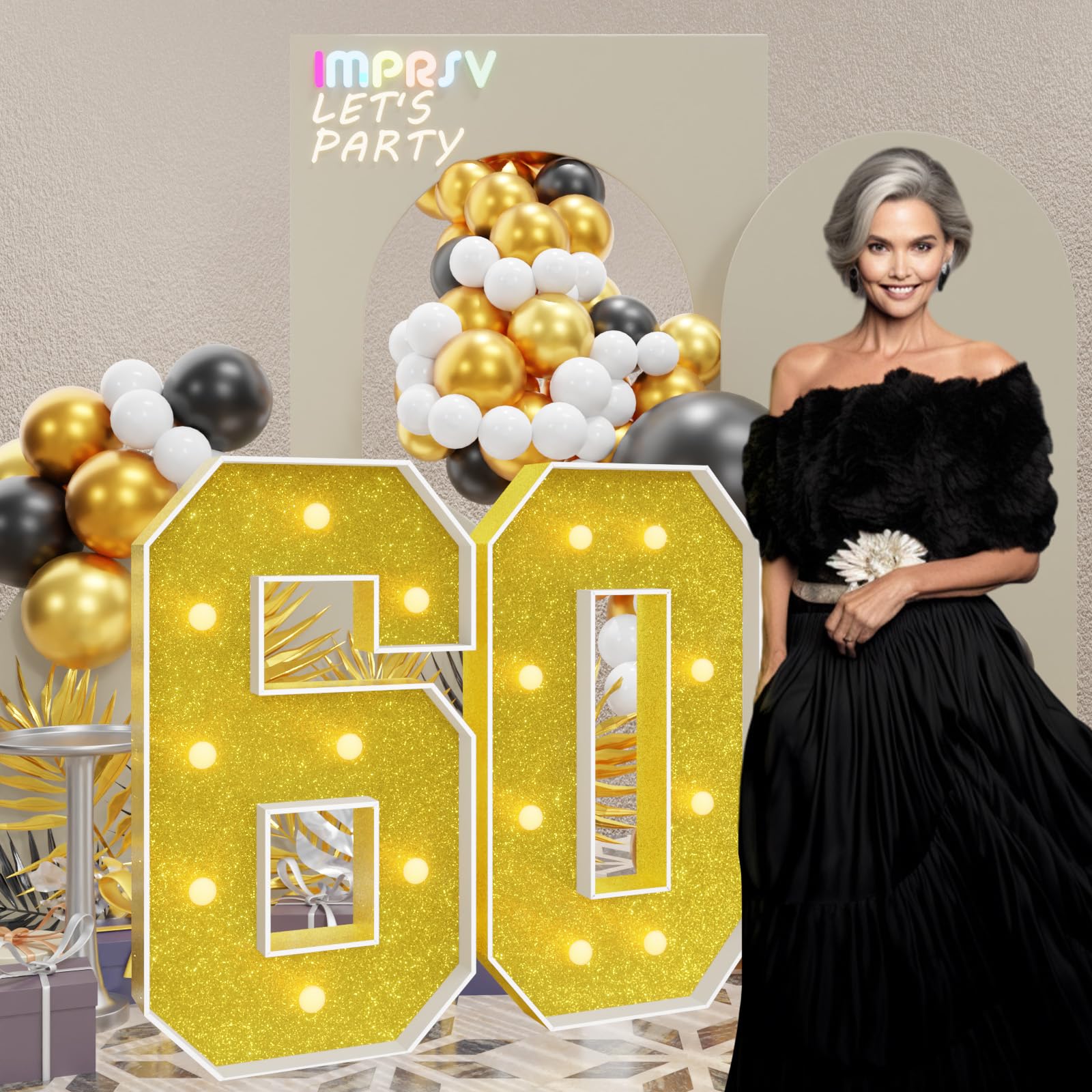 Photo 1 of imprsv 3FT Gold 60th-Birthday Decorations Numbers: 60th Birthday Party Anniversary Decorations Large Light Up Numbers 60 for Men Women