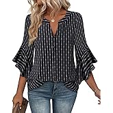 Bebonnie Womens Tops Dressy Casual Ruffle 3/4 Sleeve Henley V Neck Chiffon Blouses with Buttons