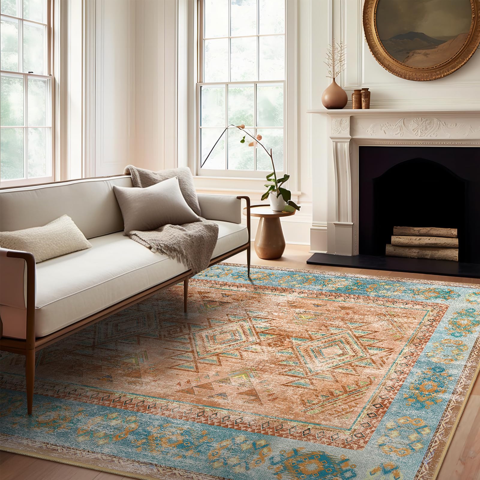 Photo 1 of Ashler Boho Rug, 5x7 Area Rugs, Vintage Rugs, Large Area Rug, Rugs for Living Room, Bedroom, Kitchen, Dinner, Orange/Teal/Terracotta Home Decor, Non-Slip & Machine Washable Rugs, Carpet Decoration