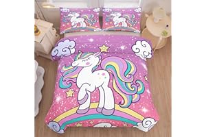 Tailor Shop Unicorn Kids Bedding Set for Girls Pink and Purple Unicorn Comforter Set Rainbows Galaxy Comforter Set Full Size Comforter Sets for Girls with 2 Pillowcase…