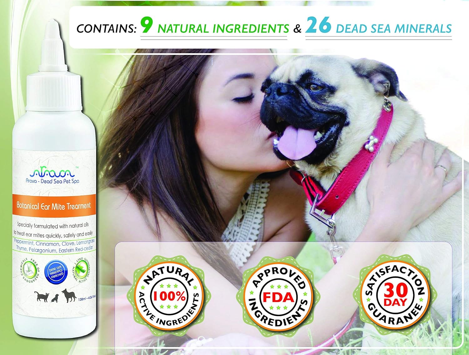 Arava Natural Ear Mite Treatment - for Dogs & Cats - Pet Ear Mites Infection Cleaner - Treat Inaccessible Areas & Prevent Infections - Healthy Safe Formula with Botanical Extracts & Dead Sea Minerals  : Pet Supplies