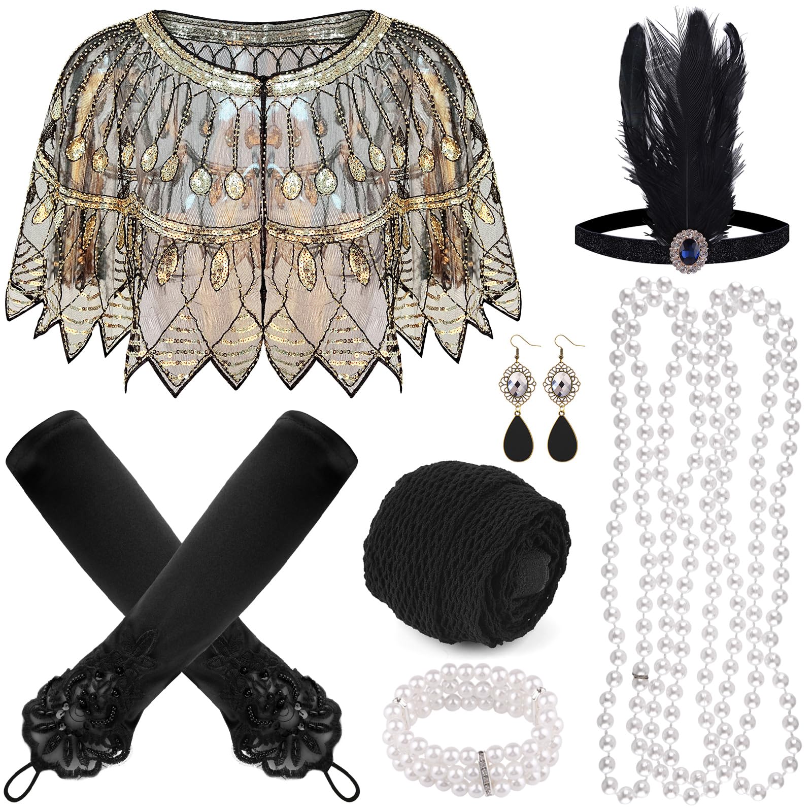 Photo 1 of *Missing the shawl*
PLULON 8 Pcs 1920s Flapper Accessories Set for Women, Great Gatsby Dresses Sequin Shawl Wraps Roaring 20s Dresses for Party with Feather Headband