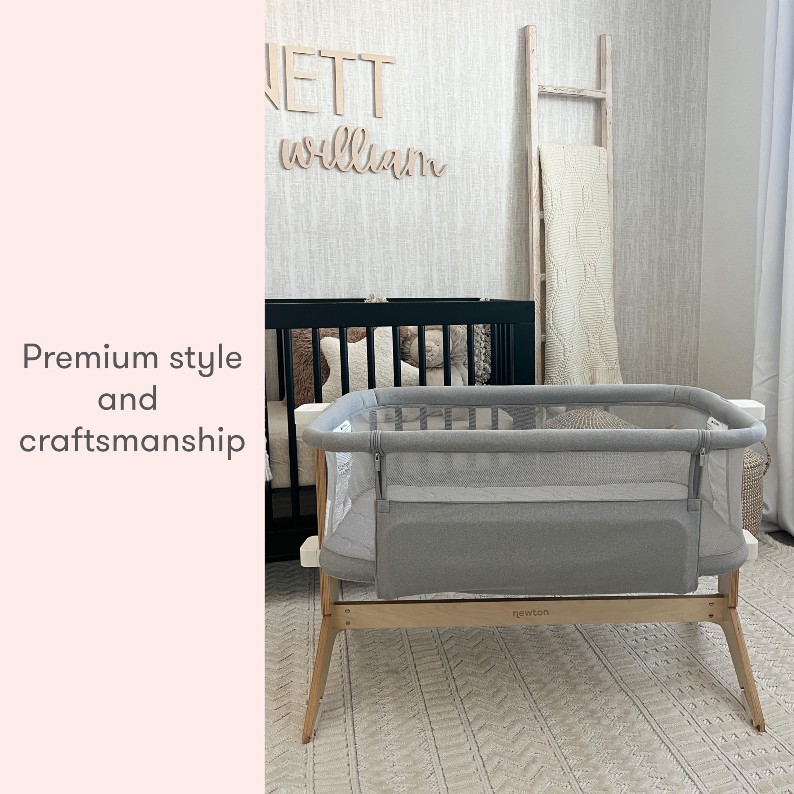 Newton Baby Bassinet & Bedside Sleeper with Mattress & Sheet - Ultra-Breathable & Completely Washable, Removable Dual-Layer Cover | Solid Birch Frame Adjustable Height & Infant Access Opening